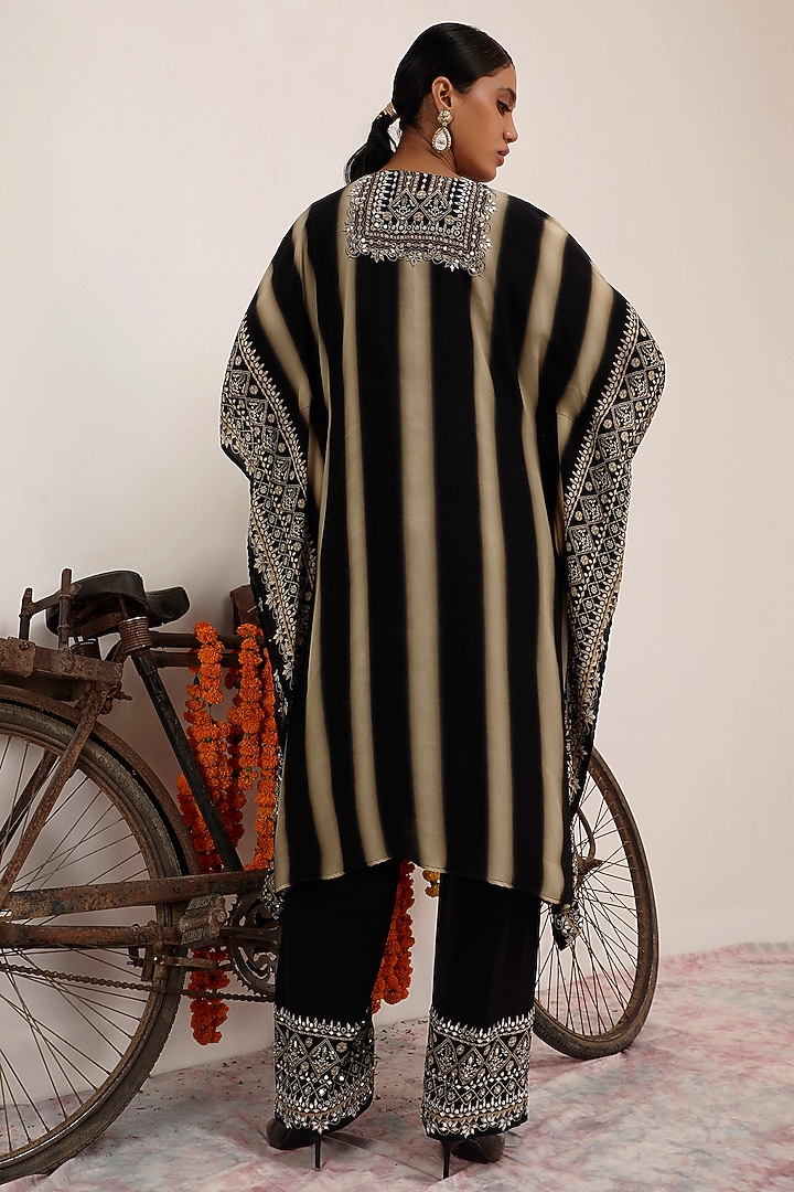 Black & Beige Crepe Striped Kaftan Set by Surkh Syahi at Pernia's Pop Up Shop