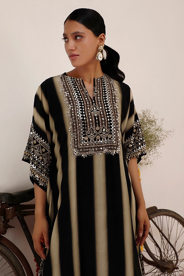 Black & Beige Crepe Striped Kaftan Set by Surkh Syahi at Pernia's Pop Up Shop