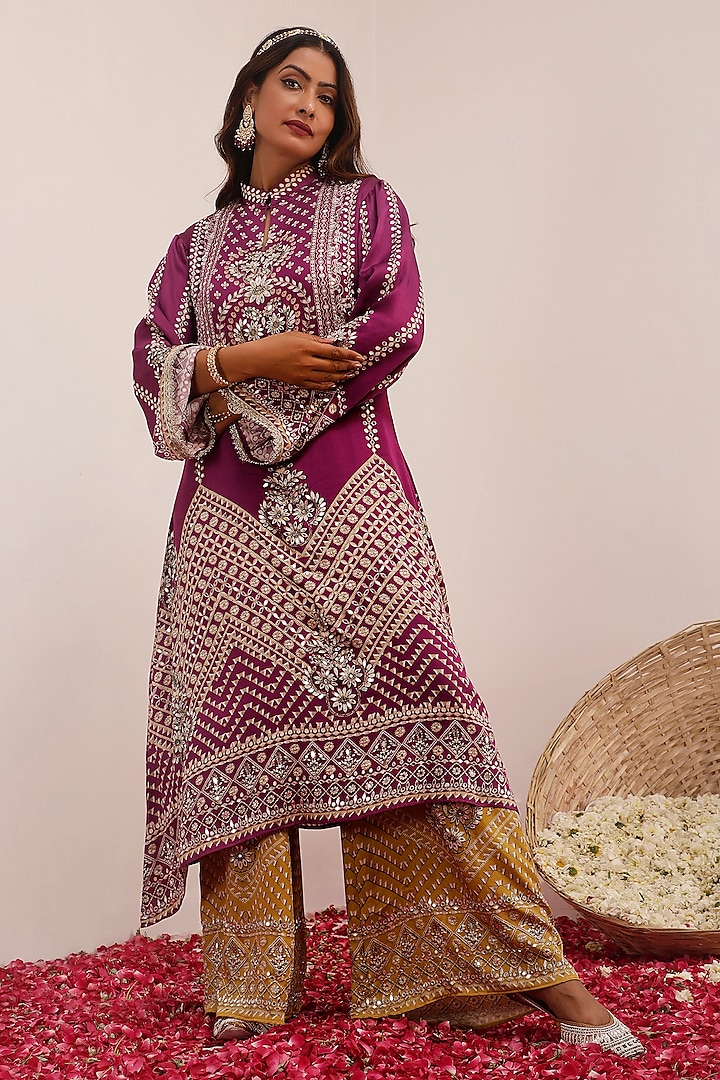 Purple Russian Cotton Silk Digital Printed A-Line Kurta Set by Surkh Syahi at Pernia's Pop Up Shop