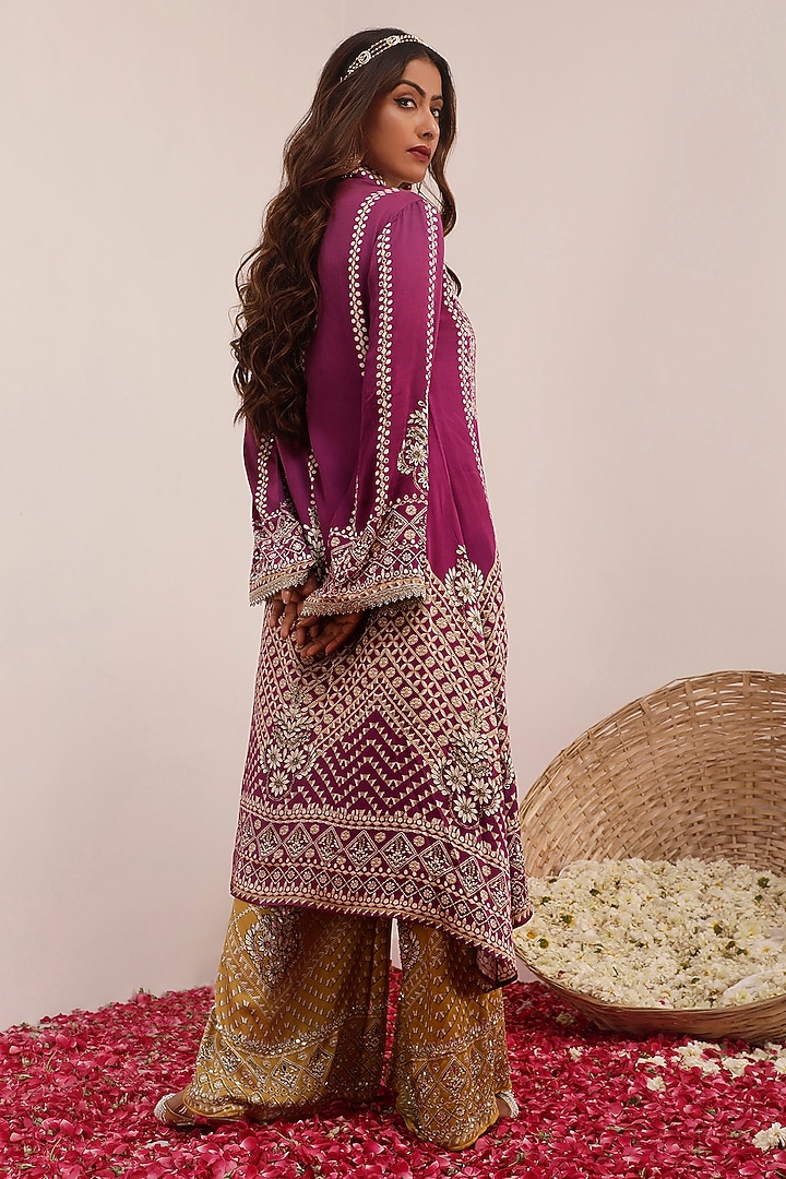 Purple Russian Cotton Silk Digital Printed A-Line Kurta Set by Surkh Syahi at Pernia's Pop Up Shop