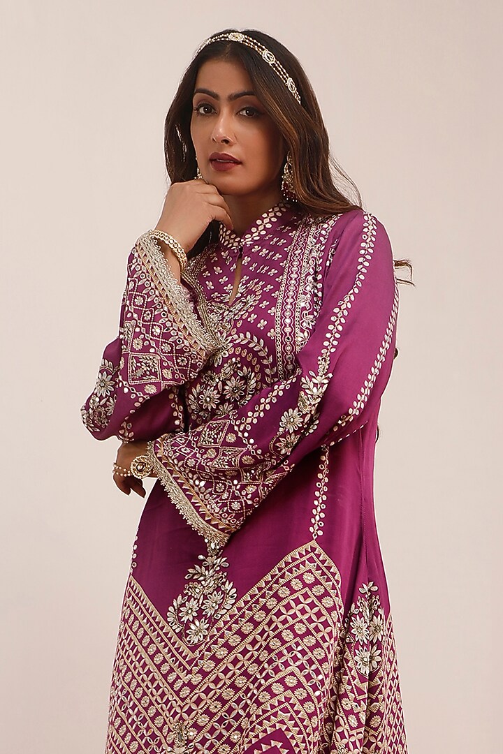Purple Russian Cotton Silk Digital Printed A-Line Kurta Set by Surkh Syahi at Pernia's Pop Up Shop