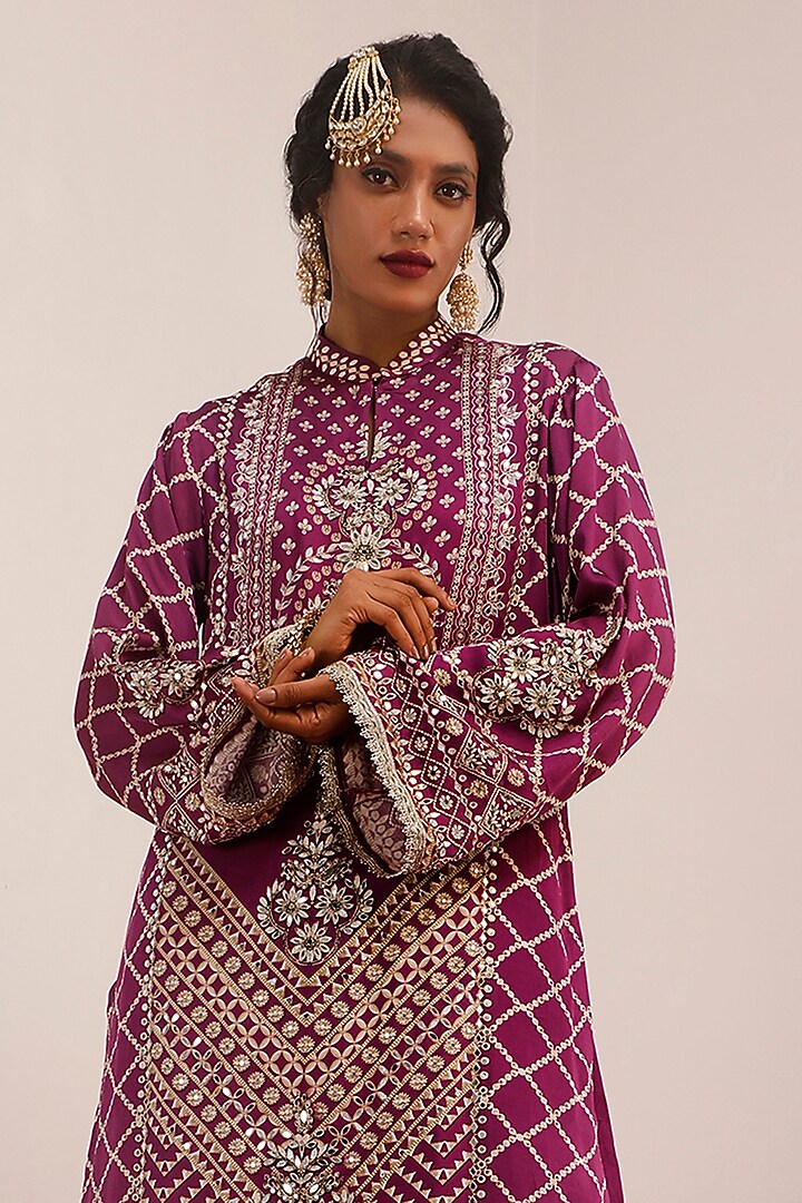 Purple Russian Cotton Silk Digital Printed A-Line Kurta Set by Surkh Syahi at Pernia's Pop Up Shop