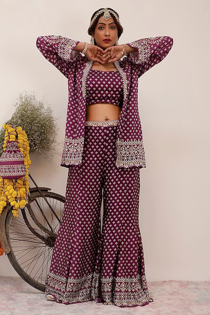 Purple Russian Cotton Silk Digital Printed Blazer Set by Surkh Syahi at Pernia's Pop Up Shop