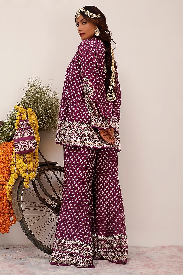 Purple Russian Cotton Silk Digital Printed Blazer Set by Surkh Syahi at Pernia's Pop Up Shop
