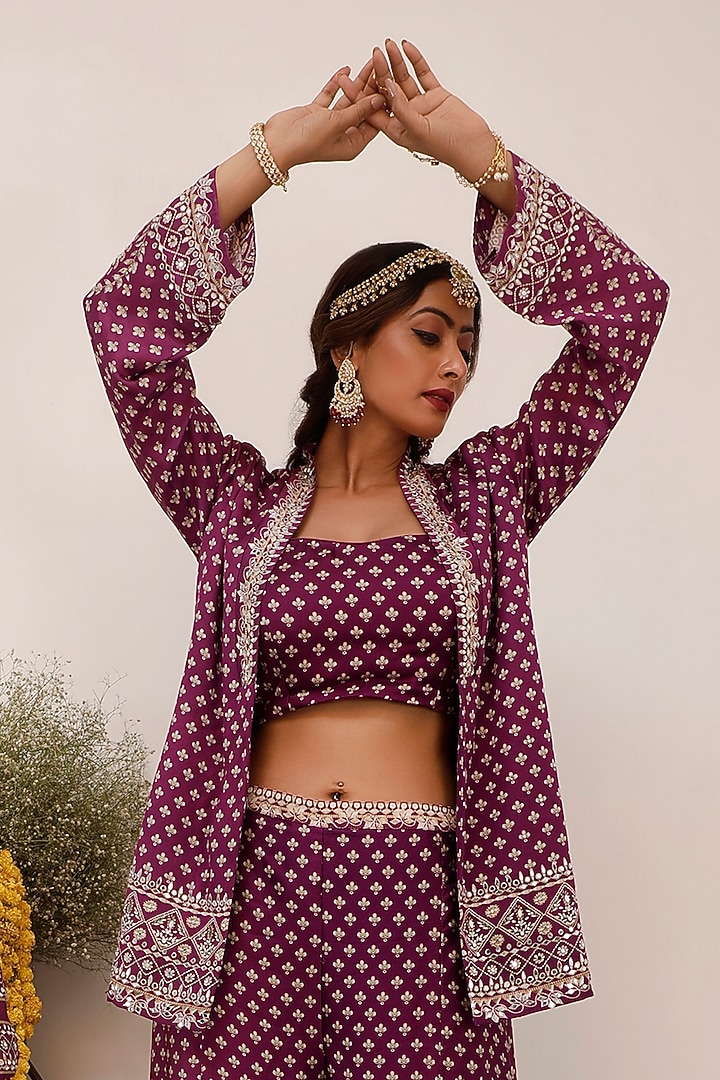 Purple Russian Cotton Silk Digital Printed Blazer Set by Surkh Syahi at Pernia's Pop Up Shop