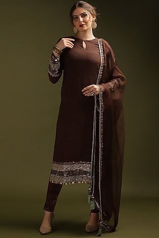 Coca Brown Silk Embroidered Kurta Set by Suti Dhaaga