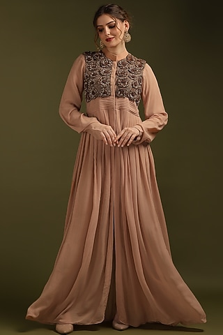 Brown Georgette Embroidered Pleated Dress by Suti Dhaaga