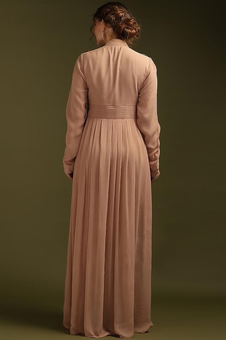Brown Georgette Embroidered Pleated Vacation Dress by Suti Dhaaga at Pernia's Pop Up Shop