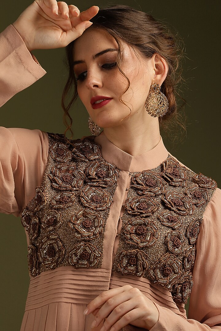 Brown Georgette Embroidered Pleated Vacation Dress by Suti Dhaaga at Pernia's Pop Up Shop