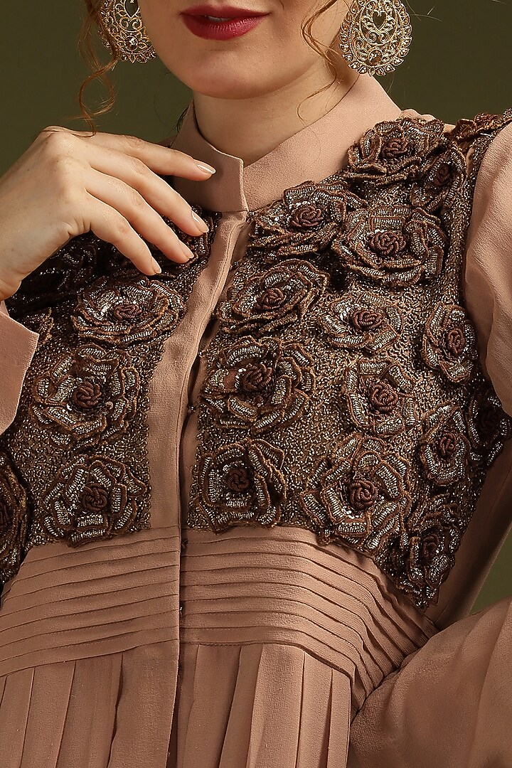 Brown Georgette Embroidered Pleated Vacation Dress by Suti Dhaaga at Pernia's Pop Up Shop