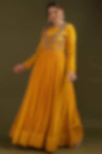 Mustard Crepe Zardosi Embroidered Dress by Suti Dhaaga