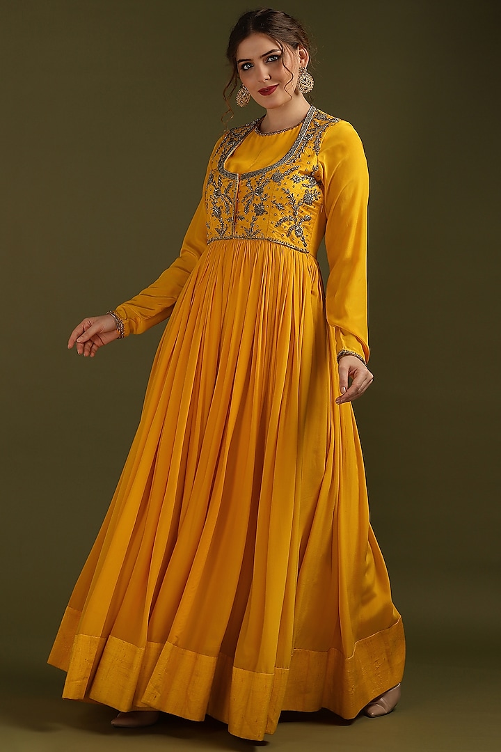Mustard Crepe Zardosi Embroidered Dress by Suti Dhaaga