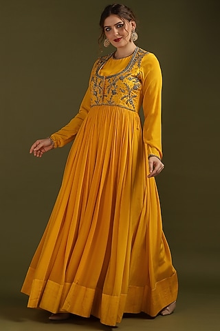 Mustard Crepe Zardosi Embroidered Dress by Suti Dhaaga