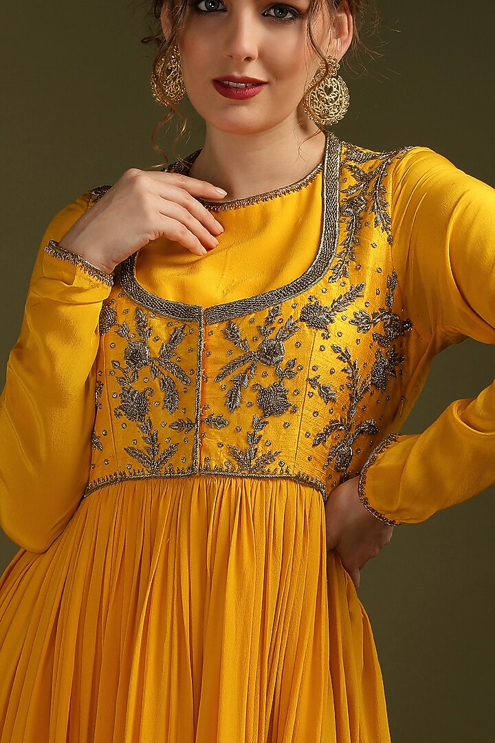 Mustard Crepe Zardosi Embroidered Cocktail Dress by Suti Dhaaga at Pernia's Pop Up Shop
