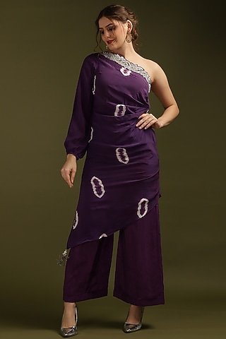 Purple Crepe Embroidered & Printed Kaftan Set by Suti Dhaaga