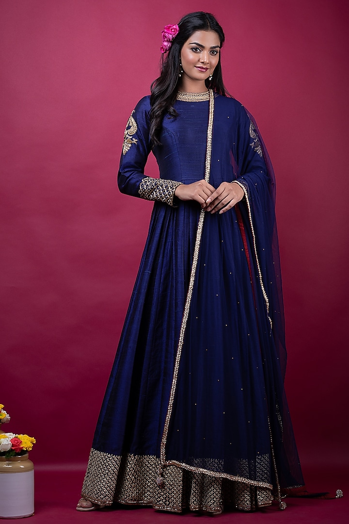 Royal Blue Embroidered Anarkali Set by Suti Dhaaga