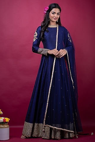 Royal Blue Embroidered Anarkali Set by Suti Dhaaga