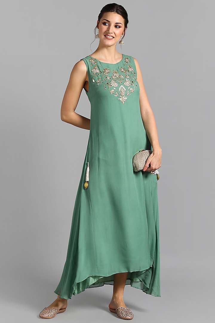 Green Hand Embroidered Dress by Suti Dhaaga