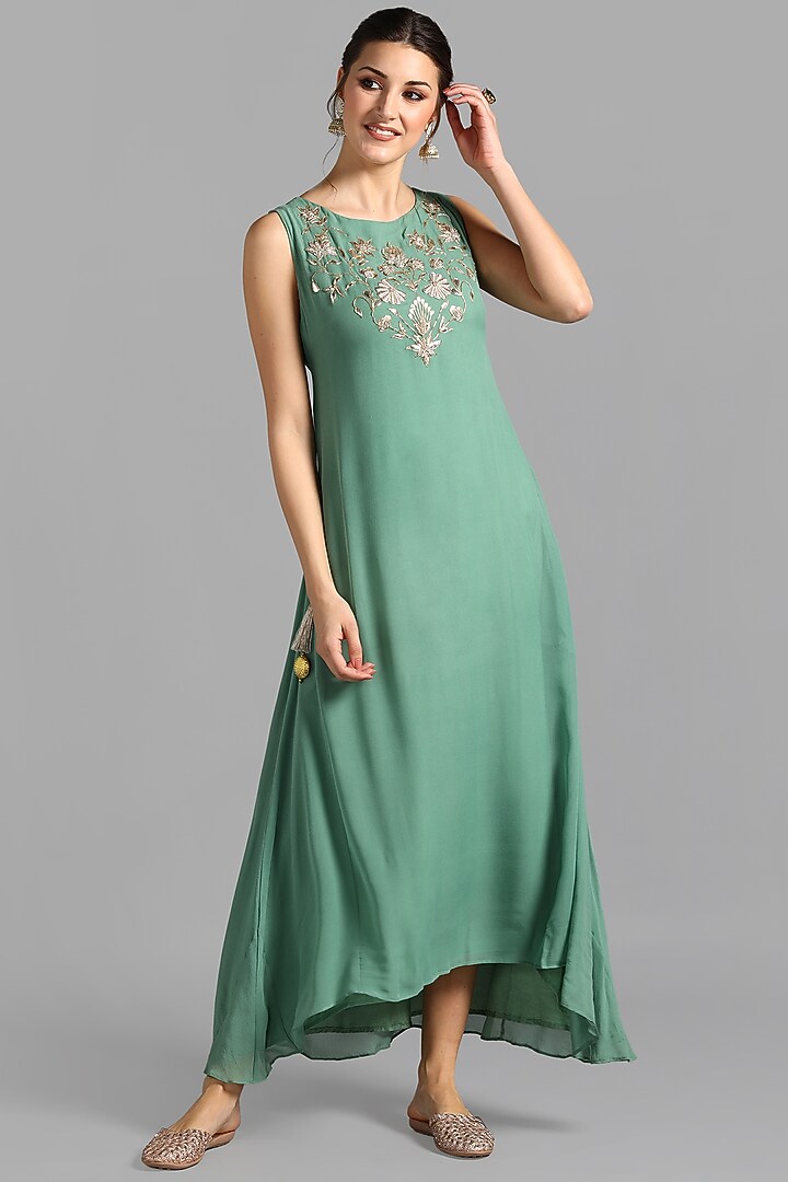Green Hand Embroidered Summer Dress by Suti Dhaaga at Pernia's Pop Up Shop