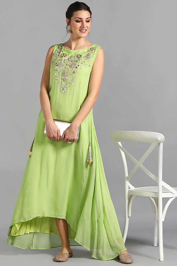 Green Georgette Embroidered Summer Dress by Suti Dhaaga at Pernia's Pop Up Shop