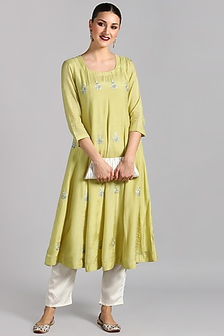 Green Modal Silk Embroidered Kurta Set by Suti Dhaaga
