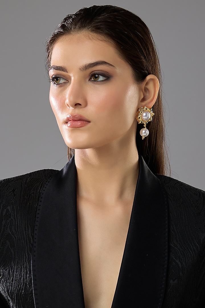 Gold Finish Pearl Drop Stud Earrings by SUCRA at Pernia's Pop Up Shop
