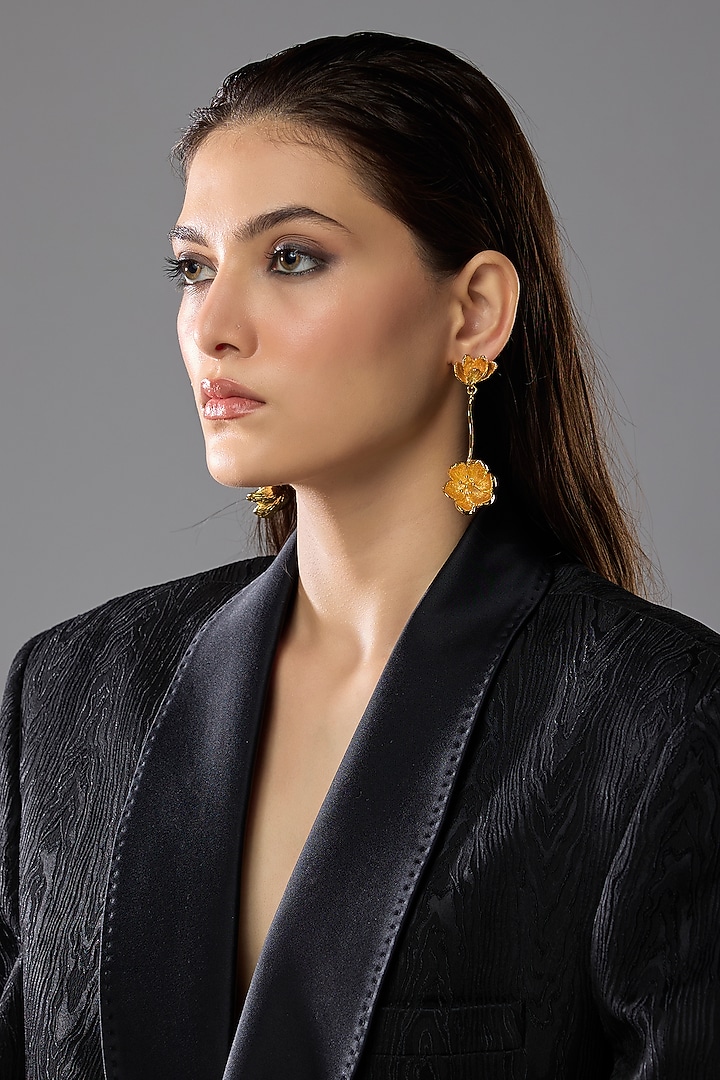 Gold Finish Floral Dangler Earrings by SUCRA at Pernia's Pop Up Shop