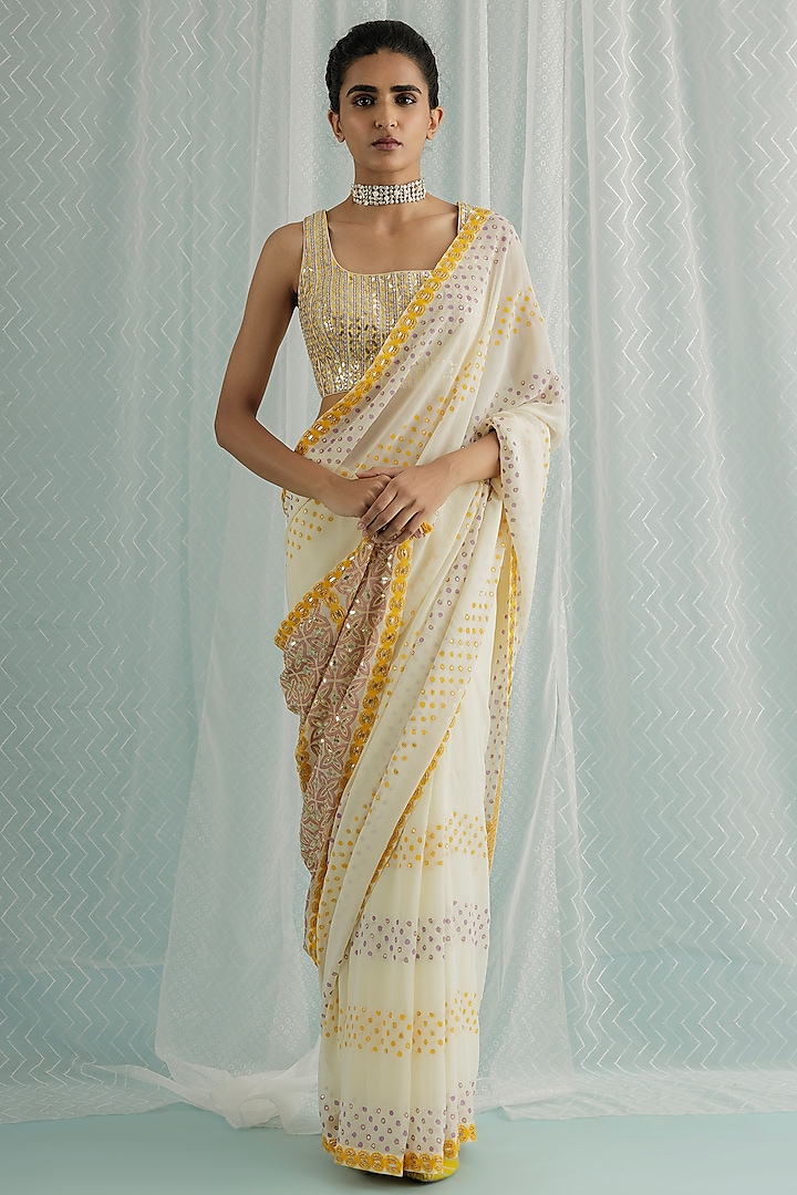 Ivory Georgette Block Printed & Sequins Embroidered Saree Set by Surbhi Gupta