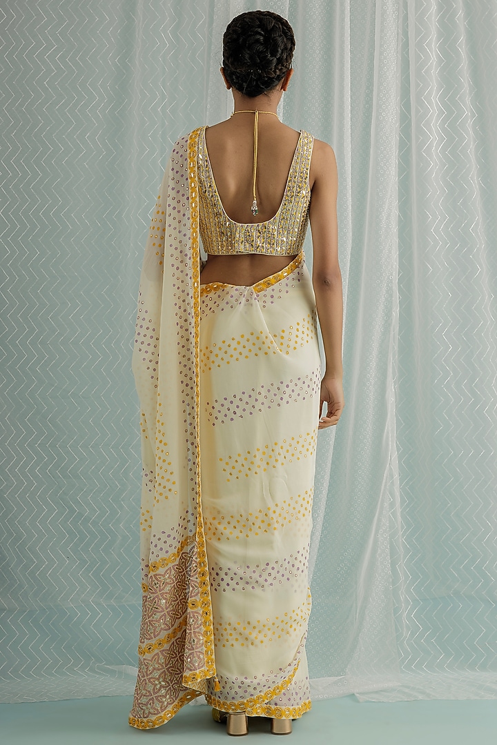 Ivory Georgette Block Printed & Sequins Embroidered Wedding Saree Set by Surbhi Gupta at Pernia's Pop Up Shop