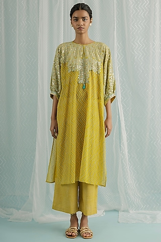 Canary Georgette Printed & Embroidered Kurta Set by Surbhi Gupta