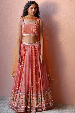 Rust Embroidered Lehenga Set by Surbhi Gupta