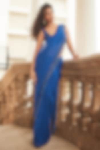 Blue Chiffon Embroidered Pre-Draped Reception Saree Set by Arpita Mehta at Pernia's Pop Up Shop