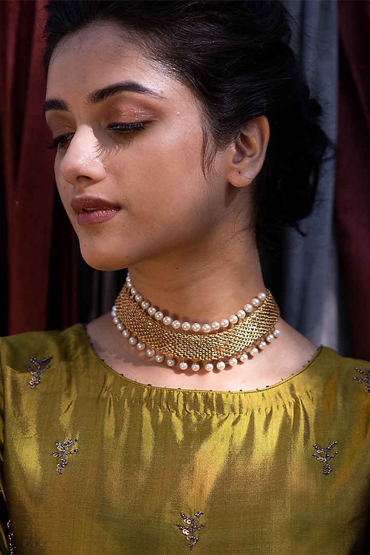 Gold Plated Pearl Mesh Choker Necklace by Suhani Pittie at Pernia's Pop Up Shop