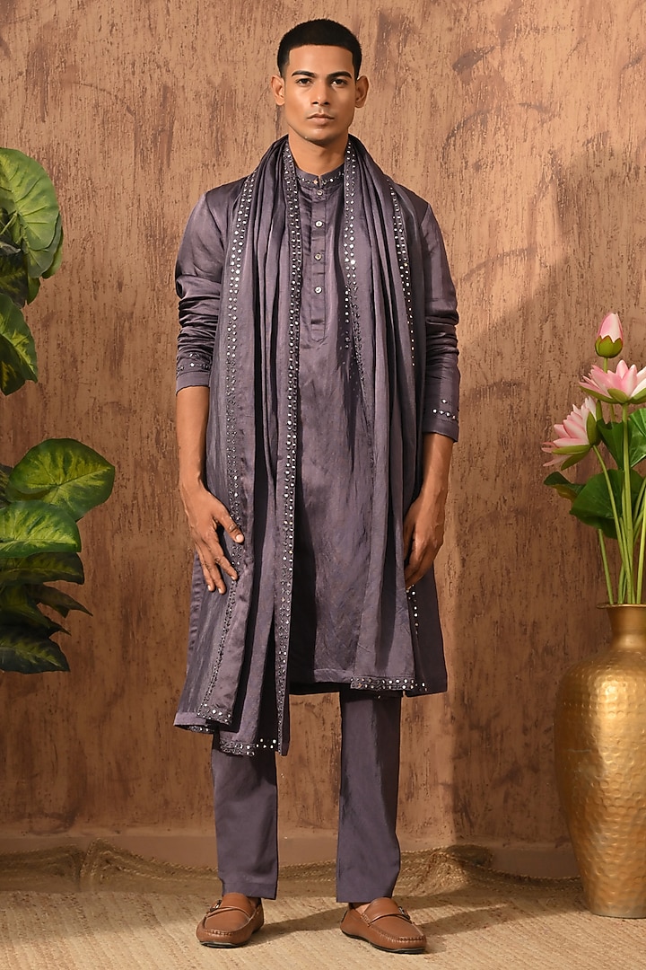 Purple Linen Satin Embroidered Kurta Set by Sulakshna Jasra at Pernia's Pop Up Shop