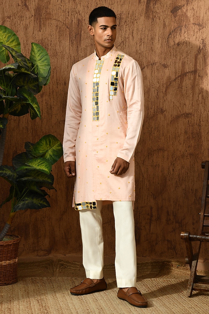 Peach Chanderi Mirror Work Kurta Set by Sulakshna Jasra at Pernia's Pop Up Shop