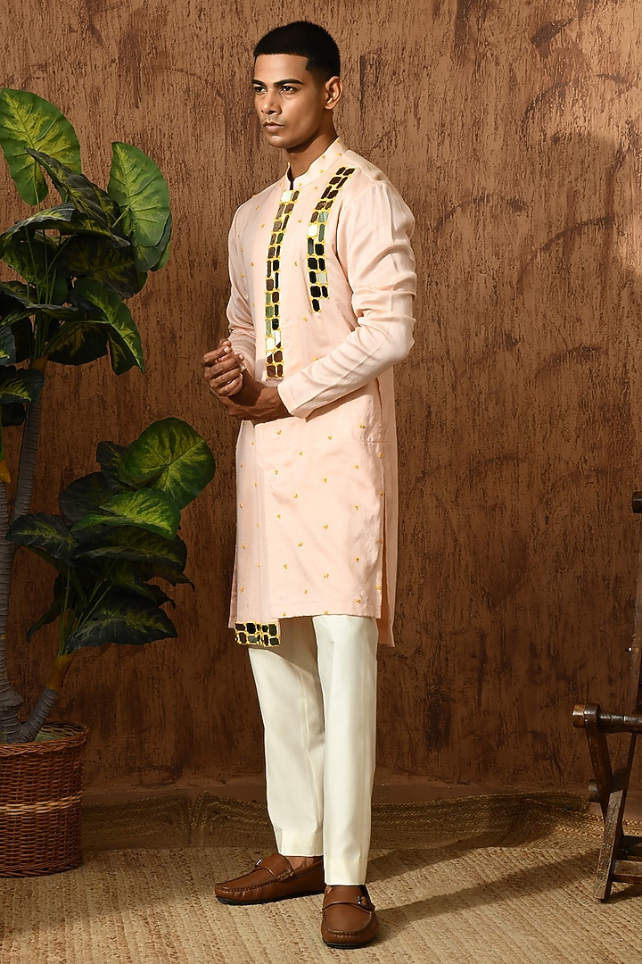 Peach Chanderi Mirror Work Kurta Set by Sulakshna Jasra at Pernia's Pop Up Shop