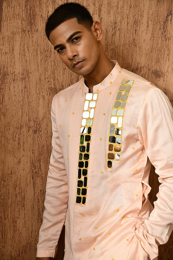 Peach Chanderi Mirror Work Kurta Set by Sulakshna Jasra at Pernia's Pop Up Shop