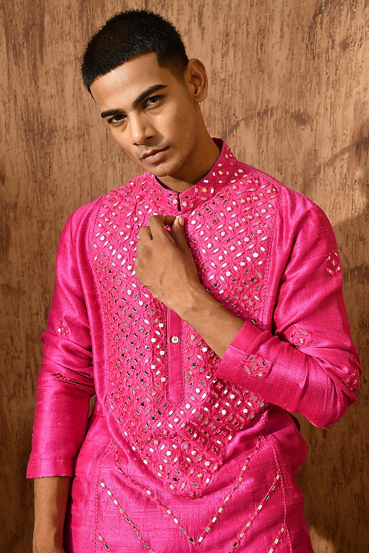 Pink Chanderi Mirror Work Kurta Set by Sulakshna Jasra at Pernia's Pop Up Shop