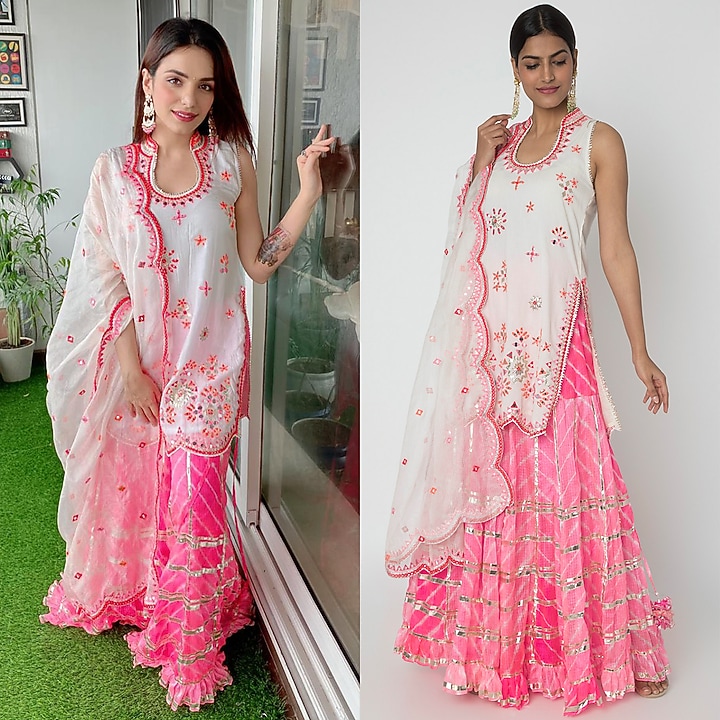 White & Pink Embroidered Leheriya Party Wear Sharara Set by GOPI VAID at Pernia's Pop Up Shop