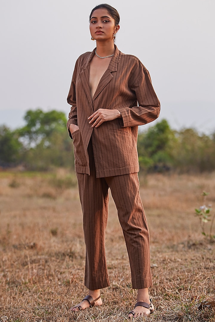 Chocolate Brown Striped Mid-Waist Pants by The Summer House