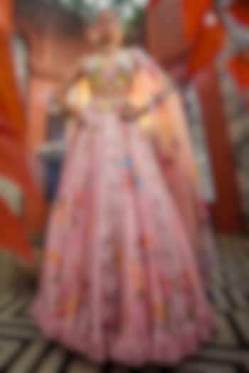 Pink Satin Floral Printed & Embroidered  dulhan bday 22 may Lehenga Set by Show Shaa at Pernia's Pop Up Shop