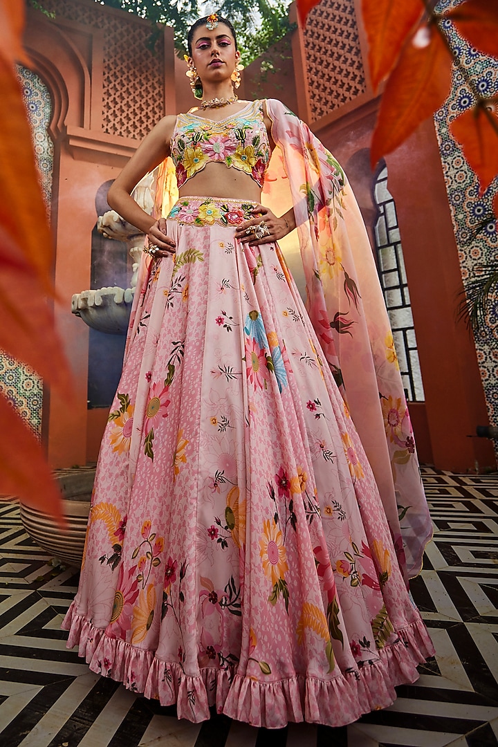 Pink Satin Floral Printed & Embroidered Wedding Lehenga Set by Show Shaa at Pernia's Pop Up Shop