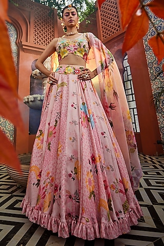 Pink Satin Floral Printed & Embroidered Lehenga Set by Show Shaa