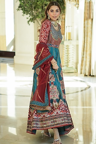 Teal Hand Embroidered Anarkali Set by Kalista