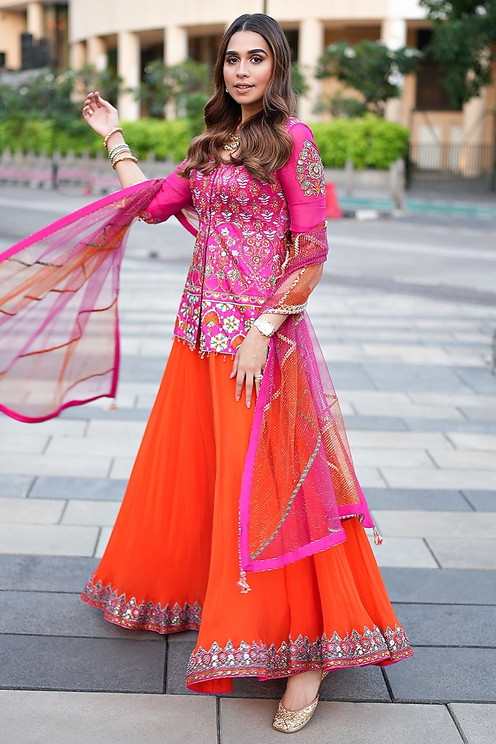 Pink & Orange Embroidered Sharara Set by Moledro at Pernia's Pop Up Shop