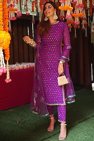 Purple Hand Embroidered Kurta Set by Vvani By Vani Vats