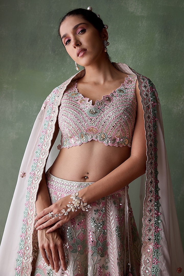 White Organza Gota & Resham Embroidered Wedding Lehenga Set by Suhino at Pernia's Pop Up Shop