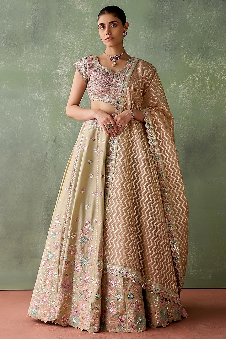 Dusty Green Slub Silk Gota & Mirror Embroidered Lehenga Set by Suhino