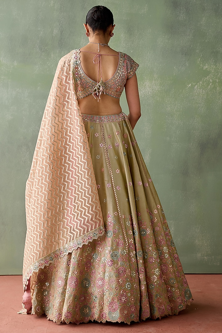 Dusty Green Slub Silk Gota & Mirror Embroidered Wedding Lehenga Set by Suhino at Pernia's Pop Up Shop
