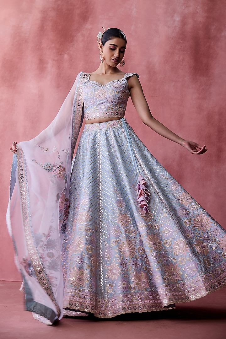 Powder Blue Slub Silk Gota & Mirror Embroidered Lehenga Set by Suhino